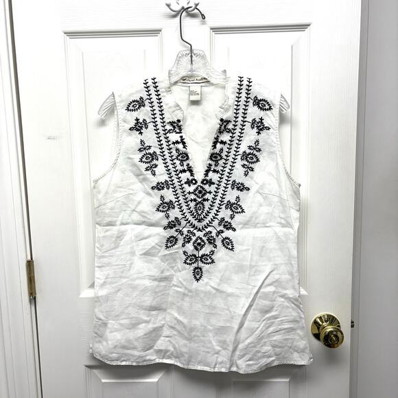 David Brooks White Linen Top Black Embroidery Sleeveless Split Neck Women’s L - Picture 1 of 4